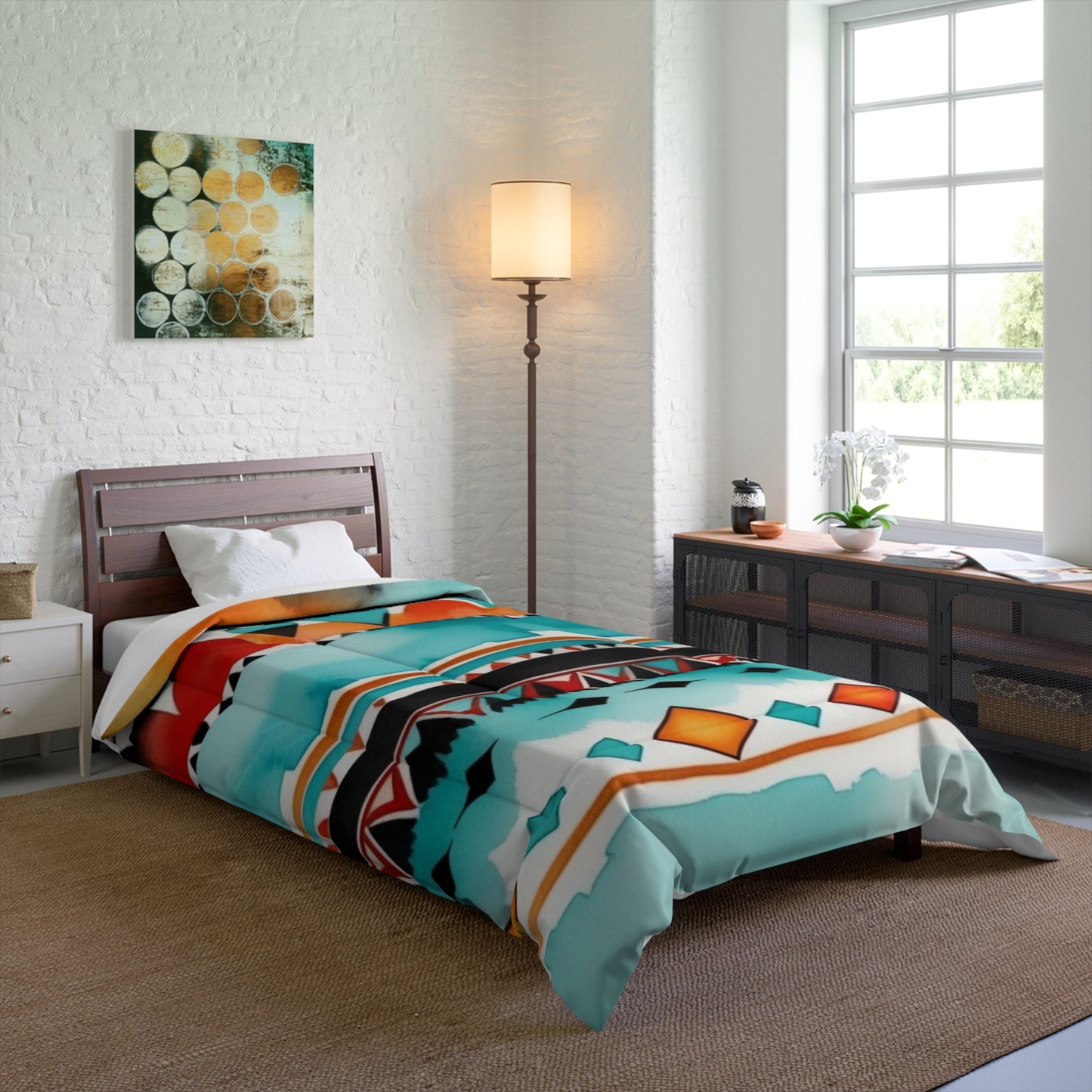 Southwest Geometric Comforter | Teal Red and Orange Tribal Print | Expressive DeZien