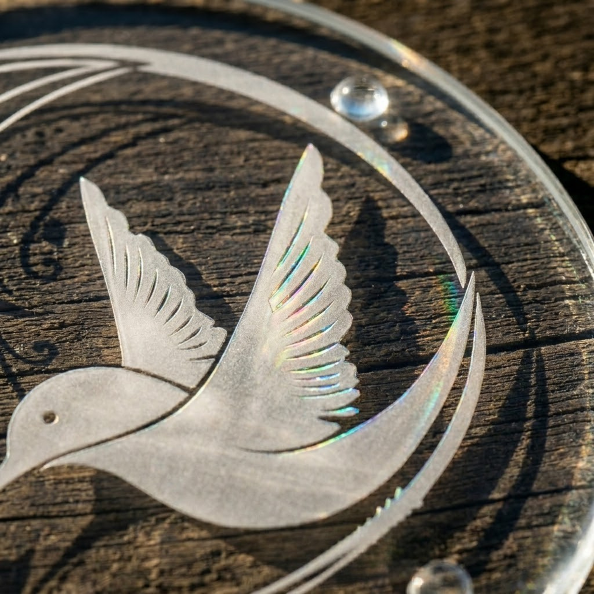 Hand-etched Hummingbird & Morning Glory Glass Trivet | Deep Carved Sandblasted Glass | Expressive DeZien