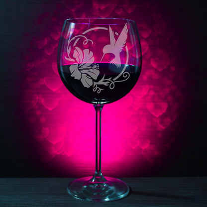 Limited Edition Hand-Etched Red Wine Glass with Hummingbird and Hibiscus Design | 18.5oz - Expressive DeZien 