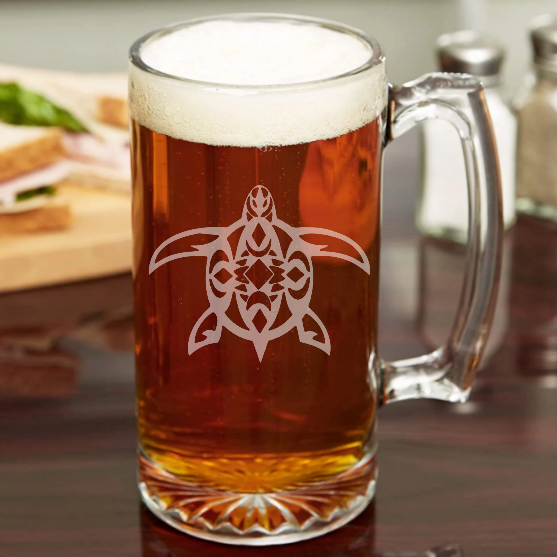 Tribal Turtle Sandblast Etched - 26.5oz Tavern Beer Mug - Expressive DeZien