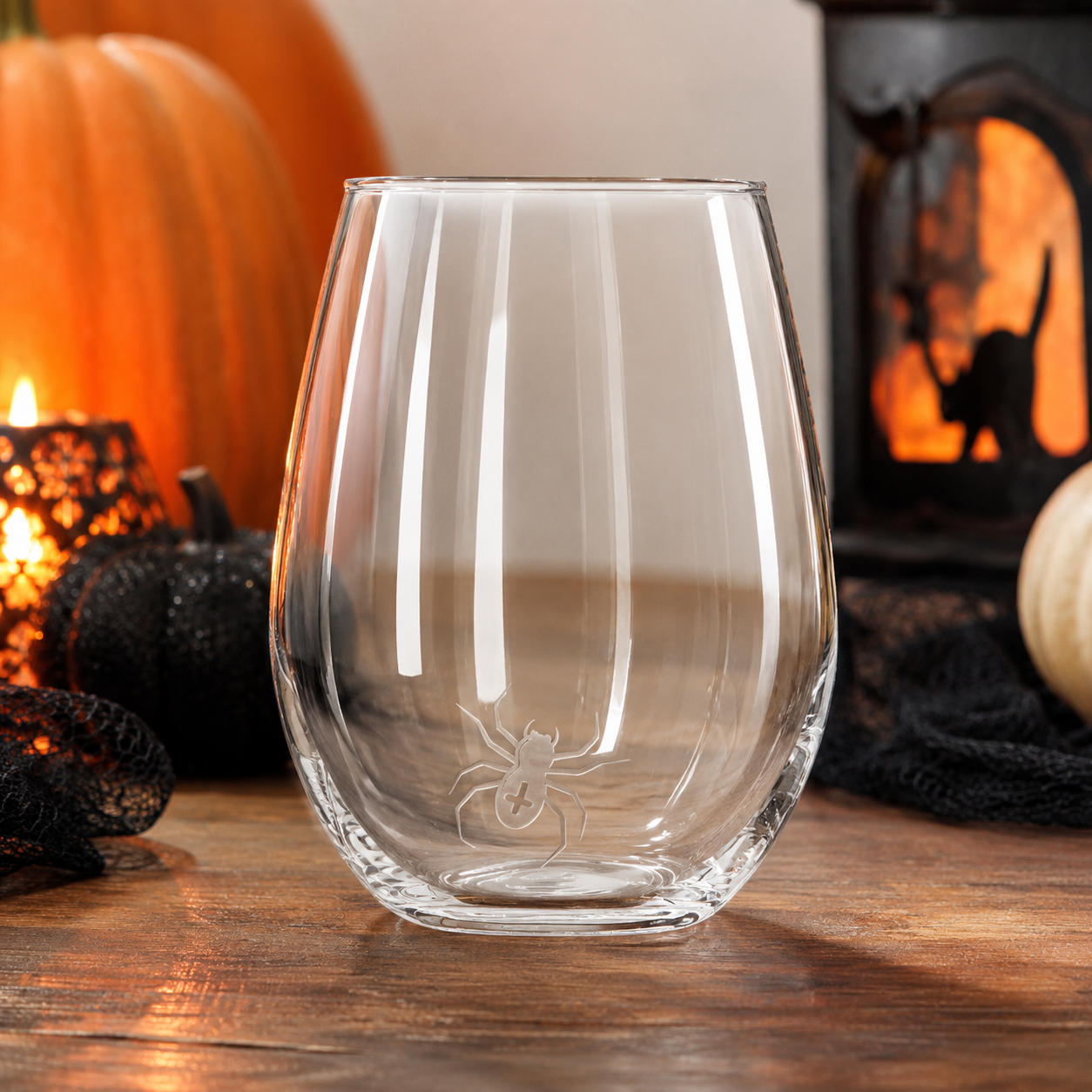 Etched Stemless Wine Glass 20.5oz | Halloween Itsy Bitsy Spider | Deep Carved Sandblasted Glass | Expressive DeZien