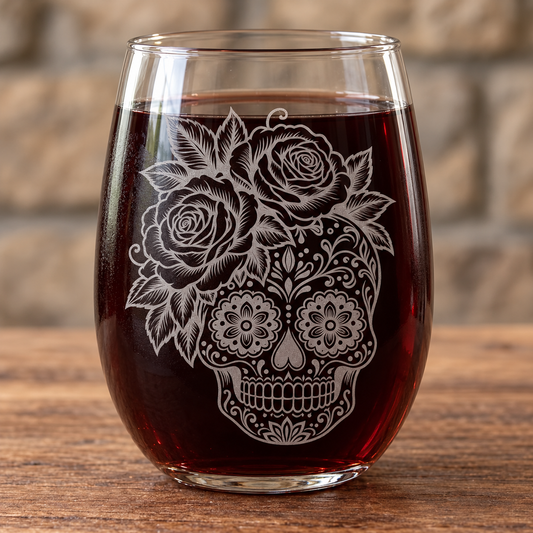 Stemless wine glass filled with red wine featuring an ornate sugar skull framed by two roses and leaves