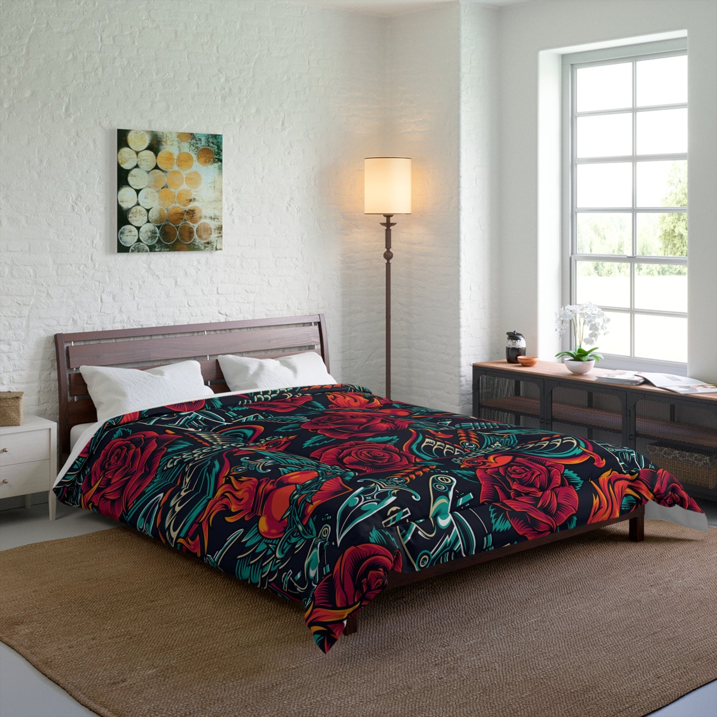 Vintage tattoo comforter with red roses swallows and anchors on black background