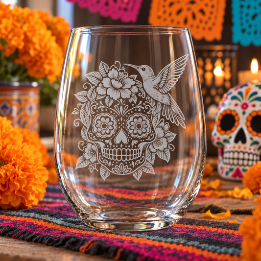 Etched Stemless Wine Glass 20.5oz | Day of the Dead Hummingbird Hibiscus Sugar Skull | Deep Carved Sandblasted Glass | Expressive DeZien