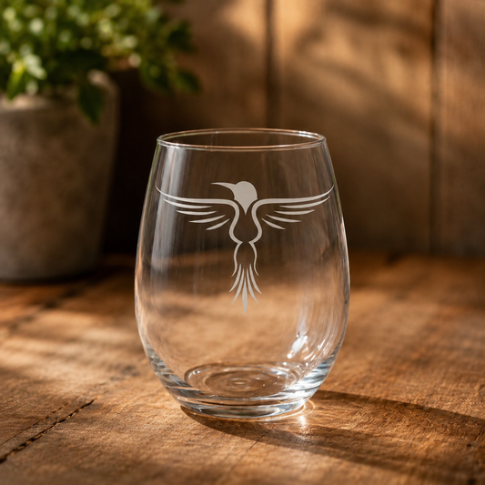 Rising Hummingbird Tribal Etched Stemless Wine Glass | 20.5 oz