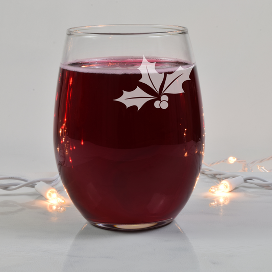 Christmas Holly Etched Stemless Wine Glass 20.5oz | Christmas Wine Glasses - Expressive DeZien