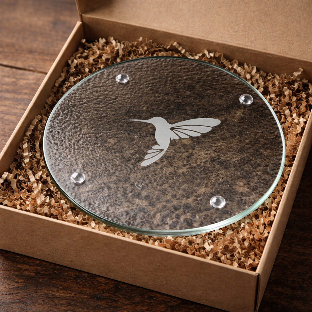 Round glass trivet with hummingbird design in a cardboard box on a wooden surface