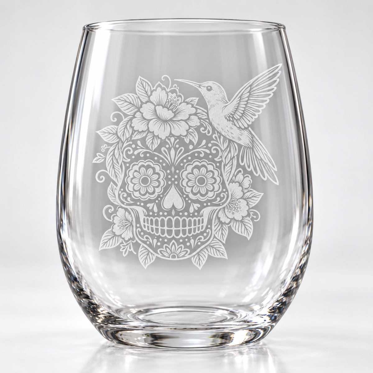 Etched Stemless Wine Glass 20.5oz | Day of the Dead Hummingbird Hibiscus Sugar Skull | Deep Carved Sandblasted Glass | Expressive DeZien