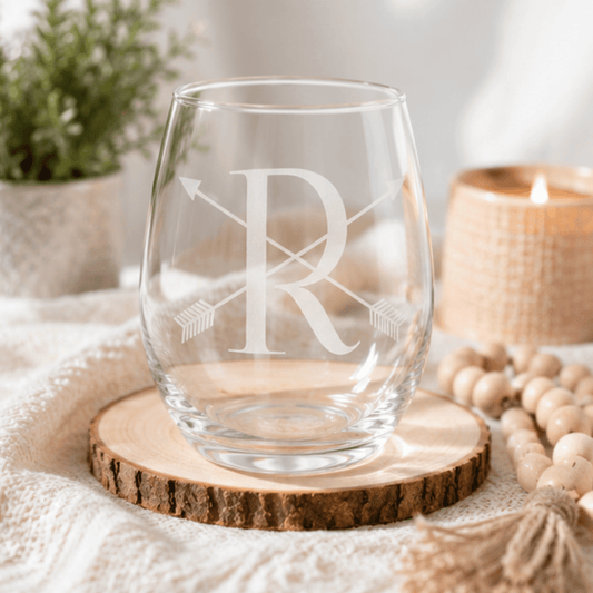 Crossed Arrow Monogram Etched Stemless Wine Glass | 20.5 oz