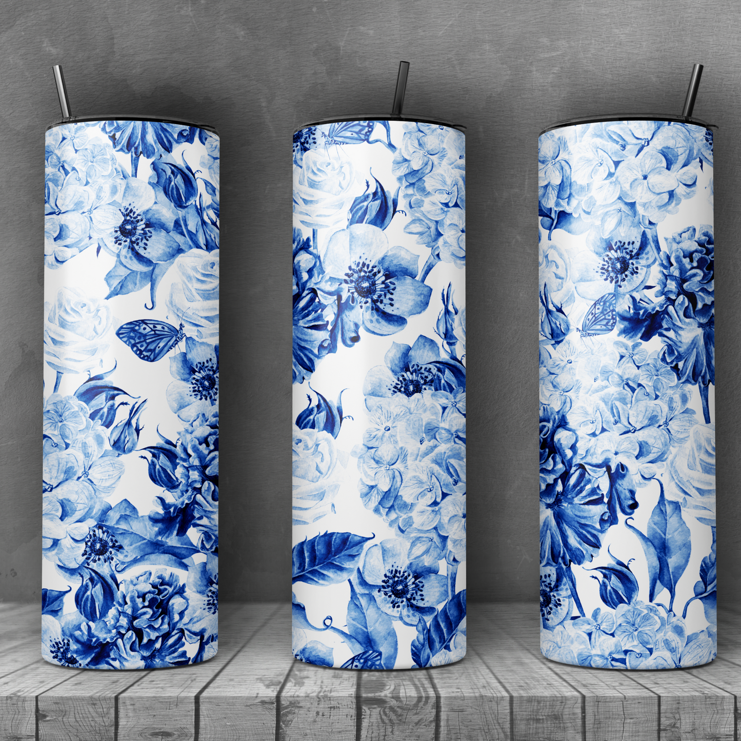 20oz Stainless Steel Skinny Tumbler Blue Watercolor Flowers - Expressive DeZien