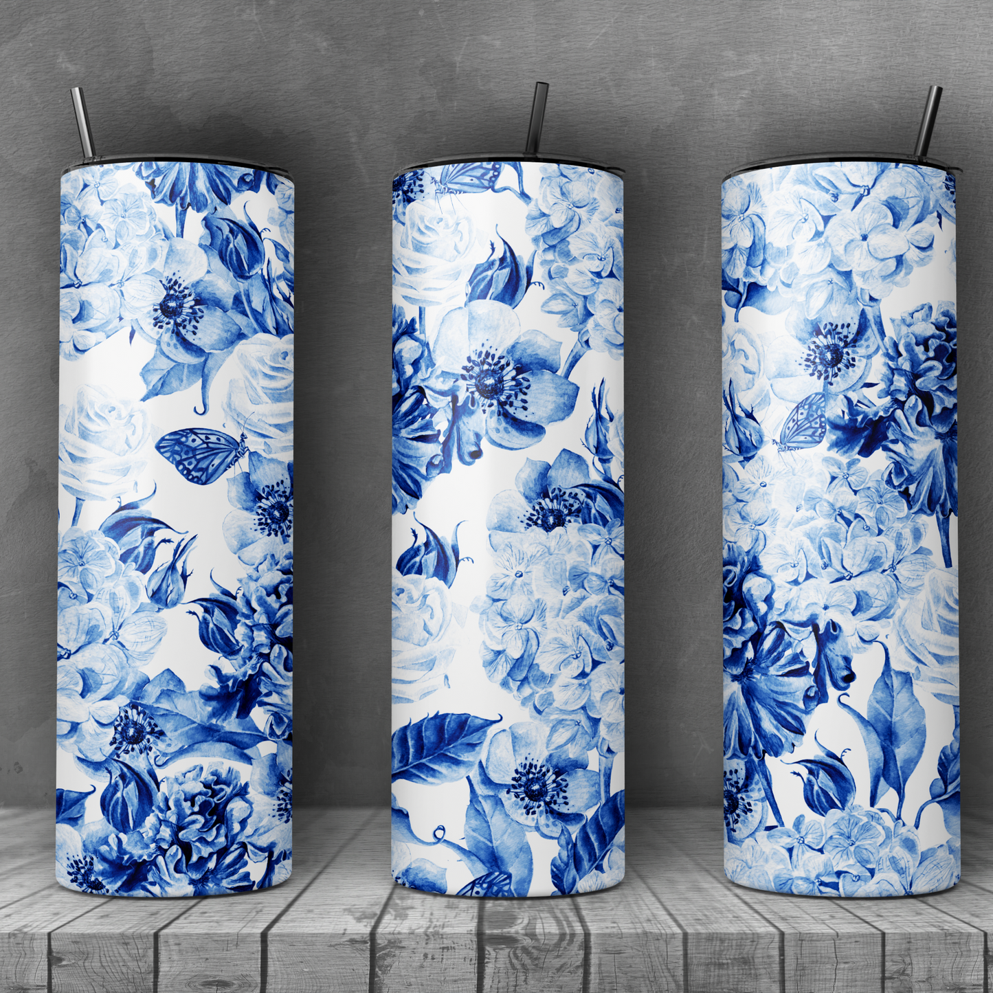 20oz Stainless Steel Skinny Tumbler Blue Watercolor Flowers - Expressive DeZien 