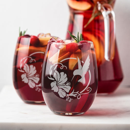 Stemless Wine Glass 20.5 oz Hummingbird Hibiscus Sandblasted Etched Glass Handmade