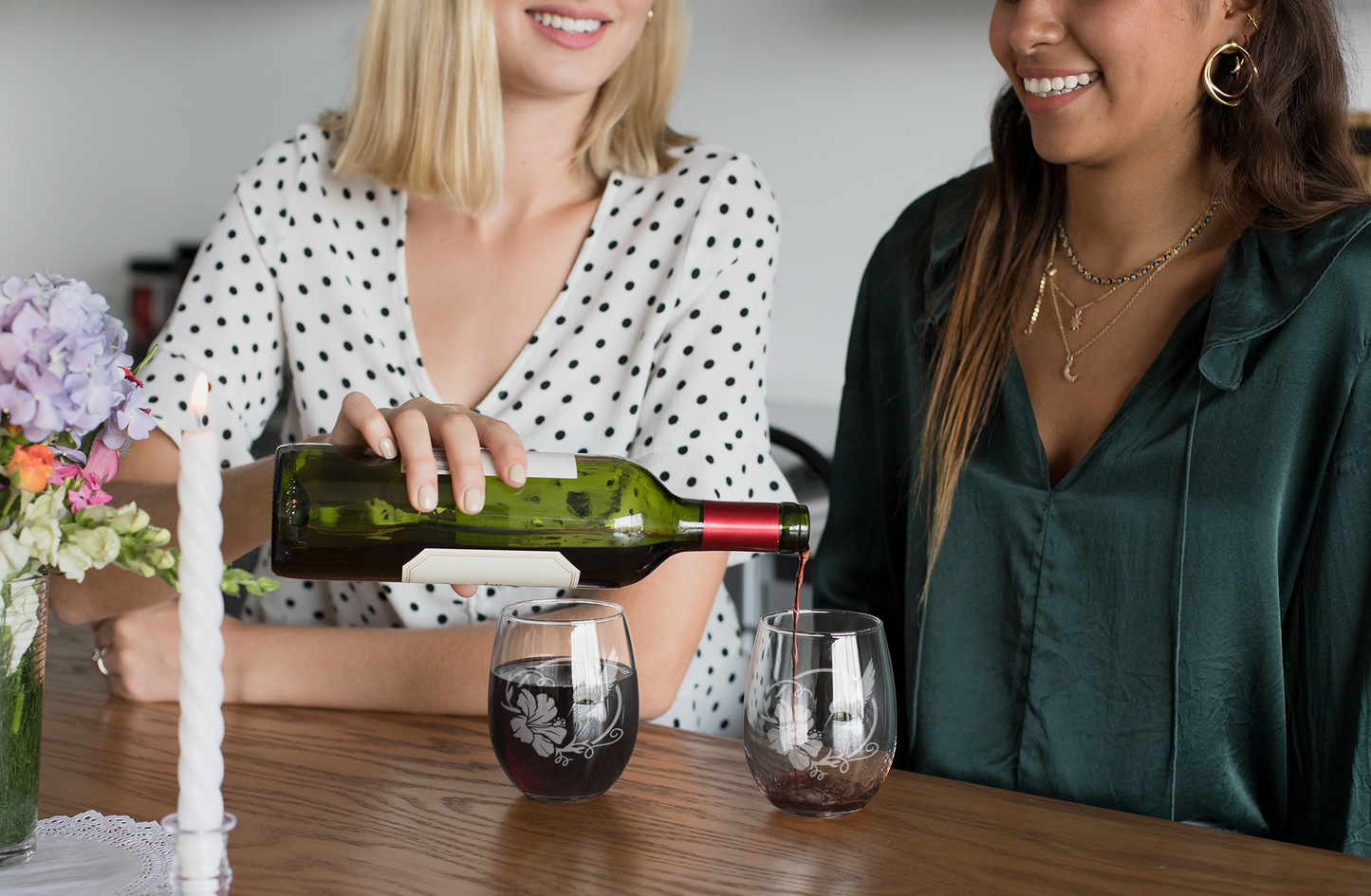 Stemless Wine Glass 20.5 oz Hummingbird Hibiscus Sandblasted Etched Glass Handmade