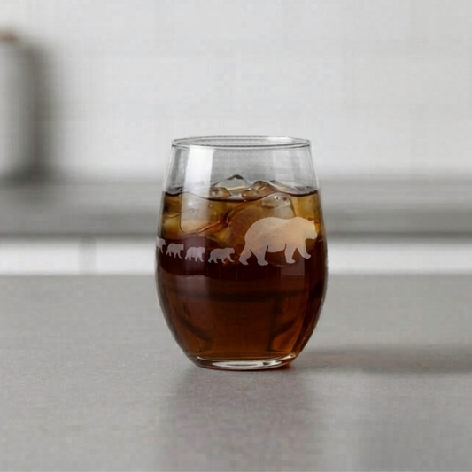 Stemless Wine Glass 20.5oz | Mama Bear and Cubs | Deep Carved Sandblasted Glass | Expressive DeZien