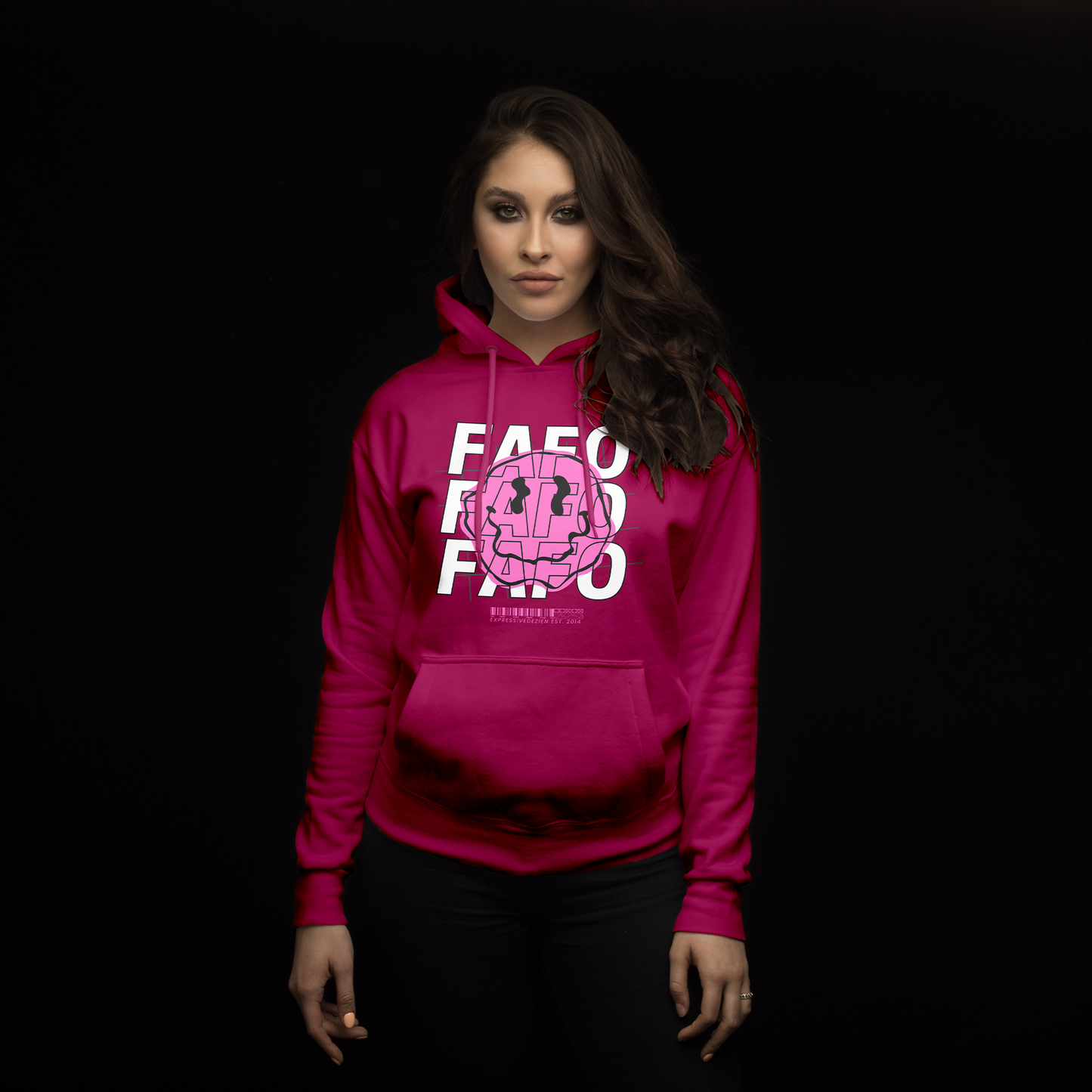 Pink White FAFO Smiley Face Positive Pullover Hoodie - Heliconia - Expressive DeZien