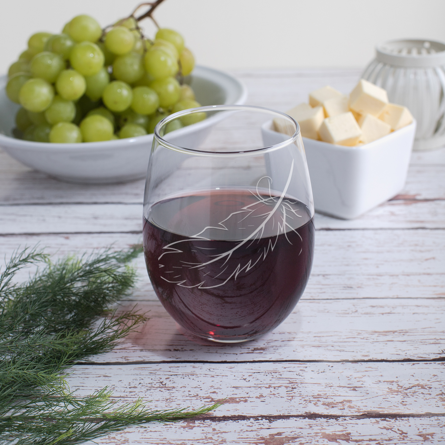 Etched Feather Stemless Wine Glass - 20.5oz
