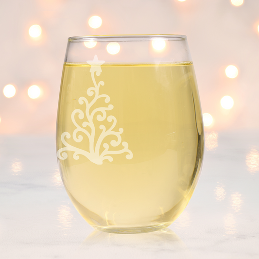 Frosted Christmas Tree Etched Stemless Wine Glass - 20.5 oz  | Christmas Wine Glasses - Expressive DeZien 