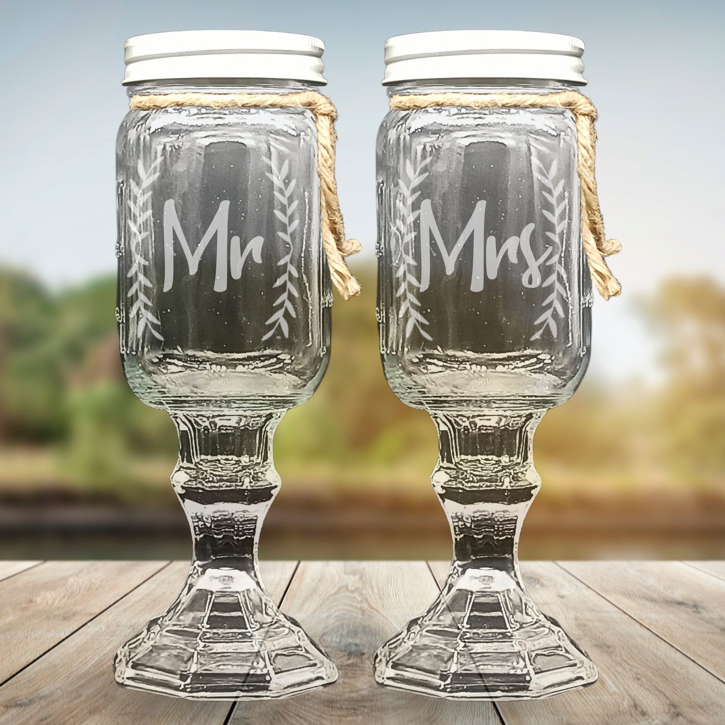 Engraved Rustic Redneck Wedding Toasting Glasses with Hummingbird Earrings (Blossom Font Style)