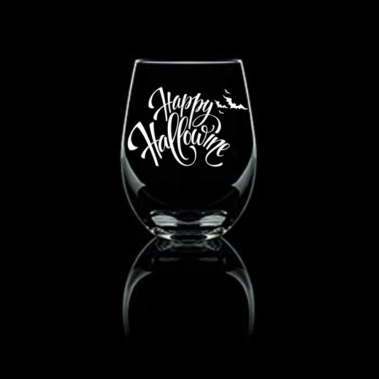 Happy HalloWINE with Bats Etched Stemless Wine Glass 20.5oz - Expressive DeZien 