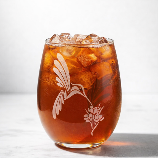 Etched Stemless Wine Glass 20.5oz | Hummingbird & Flower | Deep Carved Sandblasted Glass | Expressive DeZien