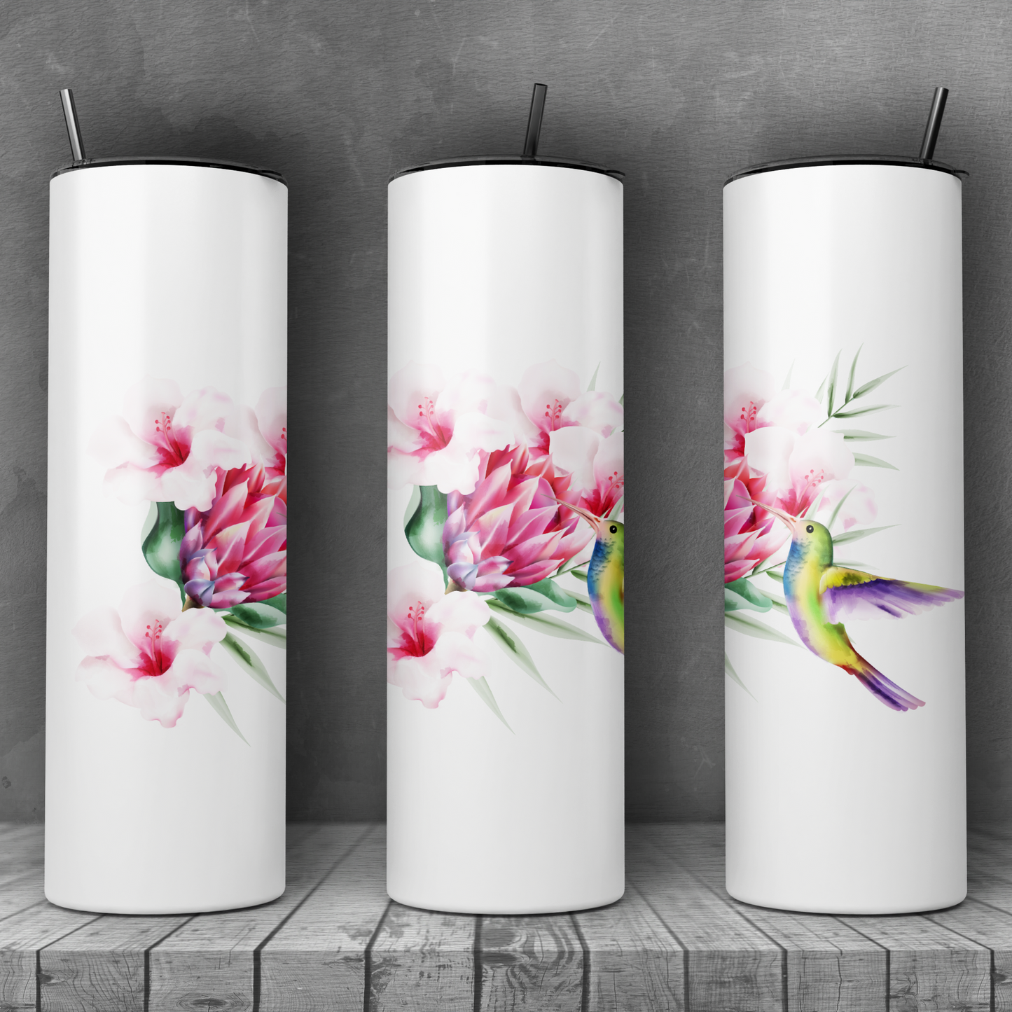 20oz Stainless Steel Skinny Tumbler Hummingbird and Protea Flower - Expressive DeZien