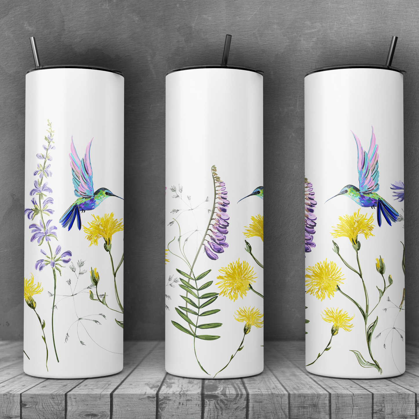 20oz Stainless Steel Skinny Tumbler Hummingbird and Wild Flowers - Expressive DeZien 