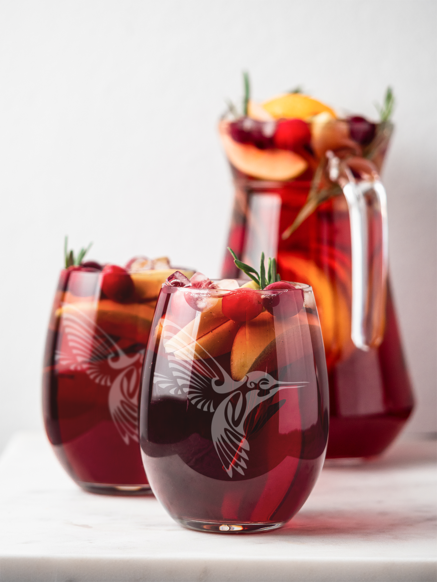 Etched Tribal Hummingbird Stemless Wine Glass – 20.5oz Handmade Sandblasted Glassware