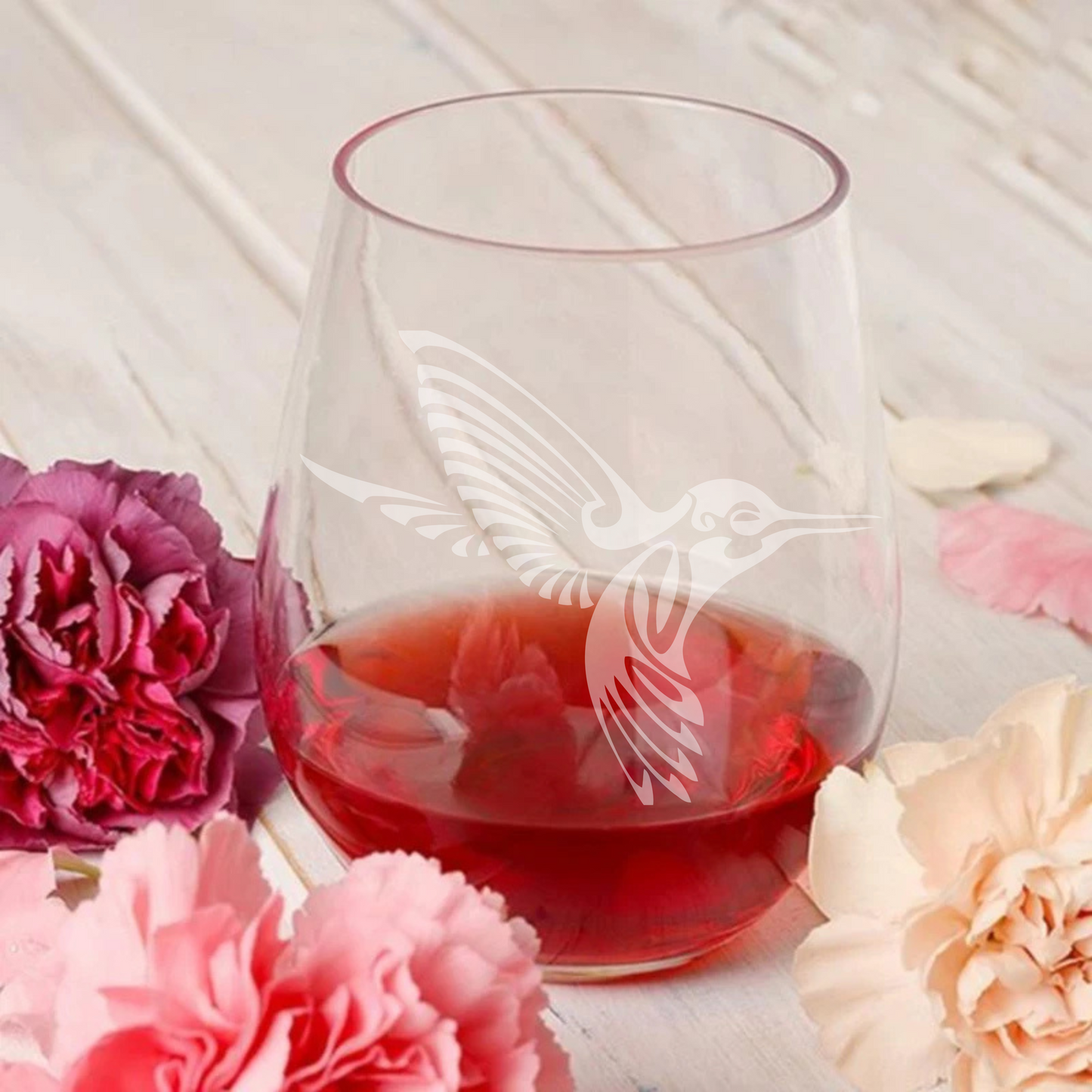 Etched Tribal Hummingbird Stemless Wine Glass – 20.5oz Handmade Sandblasted Glassware