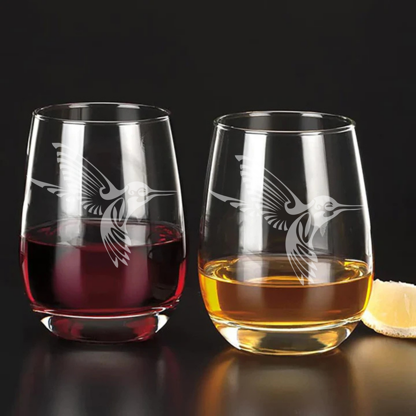 Etched Tribal Hummingbird Stemless Wine Glass – 20.5oz Handmade Sandblasted Glassware