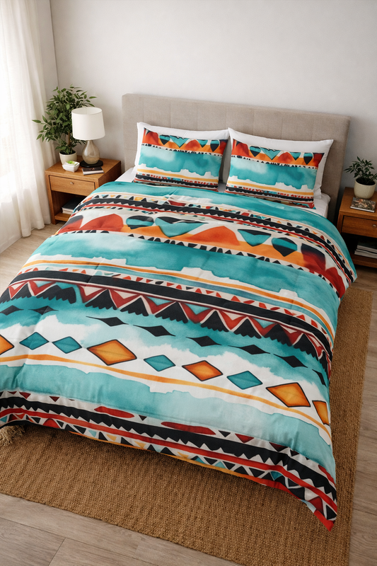 Southwest Geometric Comforter | Teal Red and Orange Tribal Print | Expressive DeZien