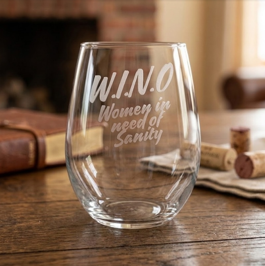 Etched Stemless Wine Glass 20.5oz | W.I.N.O | Deep Carved Sandblasted Glass