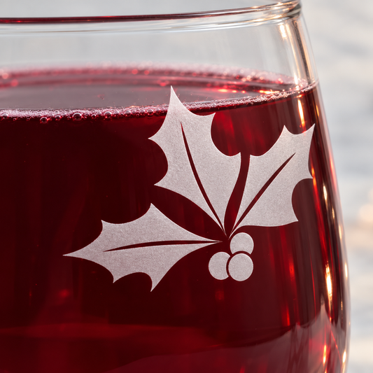 Christmas Holly Etched Stemless Wine Glass | 20.5 oz
