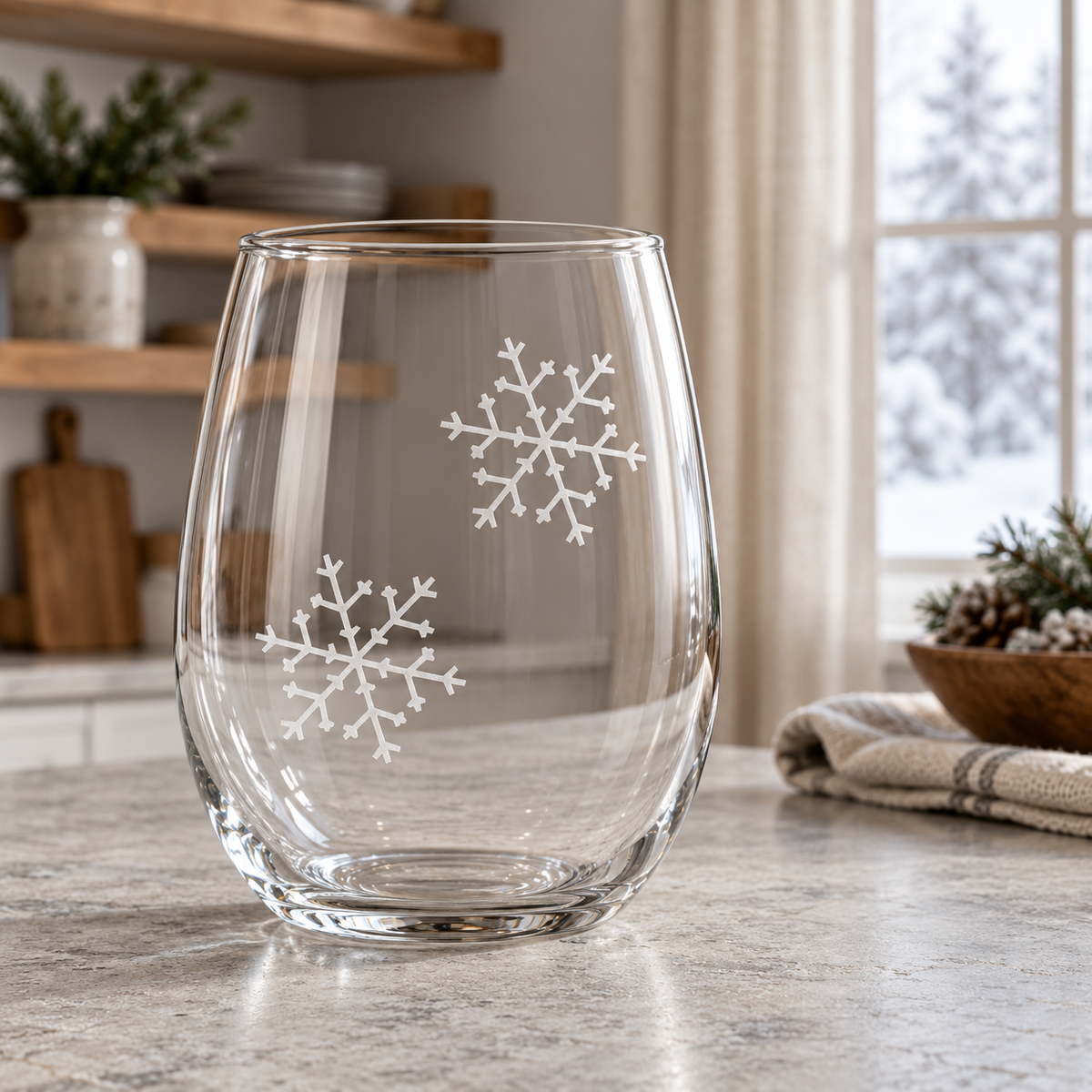 Arctic Elegance Snowflake design, permanently sandblasted on a clear 20.5 oz stemless wine glass, product view 5