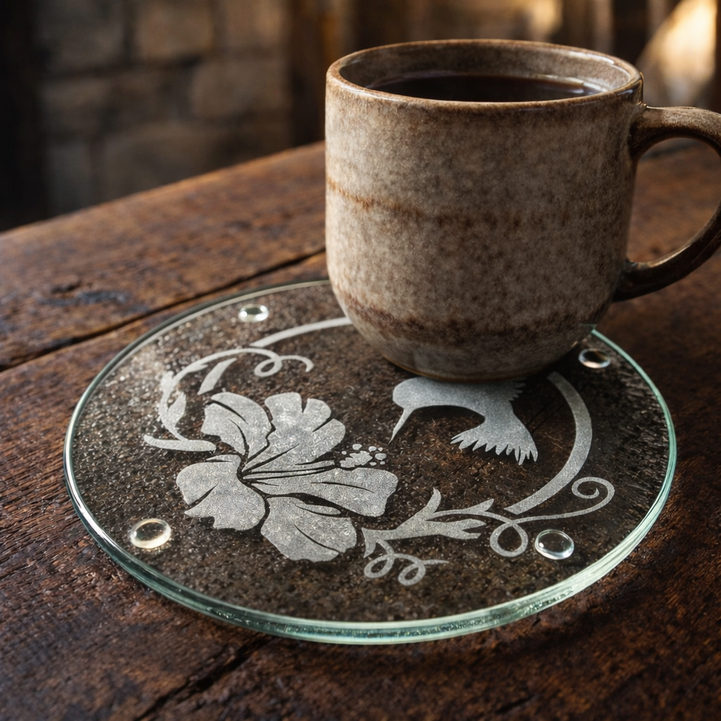 Glass Trivet | Hummingbird Hibiscus | Deep Carved Sandblasted & Etched Glass | Expressive DeZien