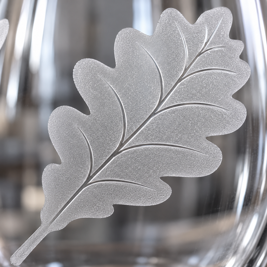 Fall Leaves Etched Stemless Wine Glass by Expressive DeZien with permanent sandblasted artwork