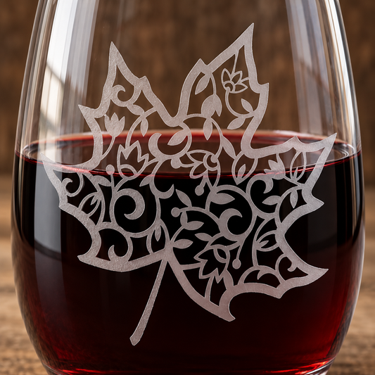 Fall Maple Leaf Etched Stemless Wine Glass by Expressive DeZien with permanent sandblasted artwork