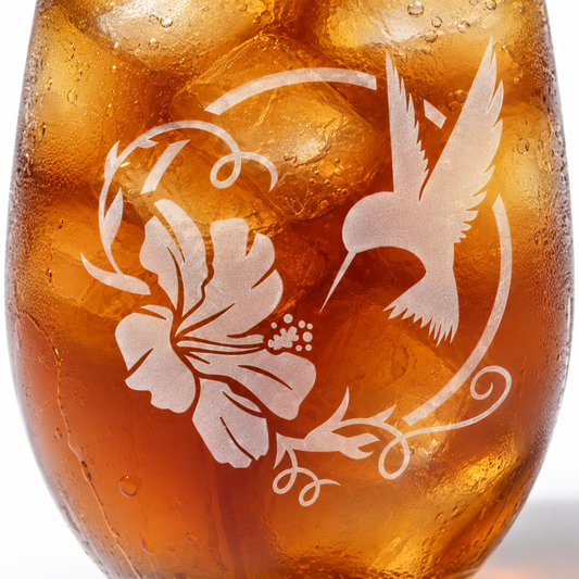 Hummingbird Hibiscus Etched Stemless Wine Glass by Expressive DeZien with permanent sandblasted artwork