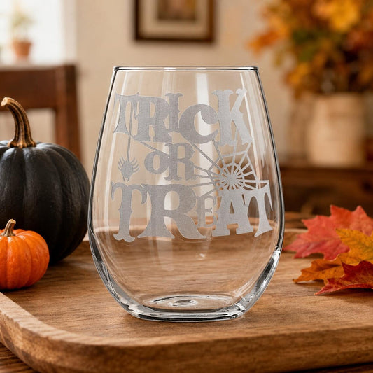 Etched Stemless Wine Glass 20.5 oz | Trick or Treat | Deep Sandblasted Glass | Expressive DeZien