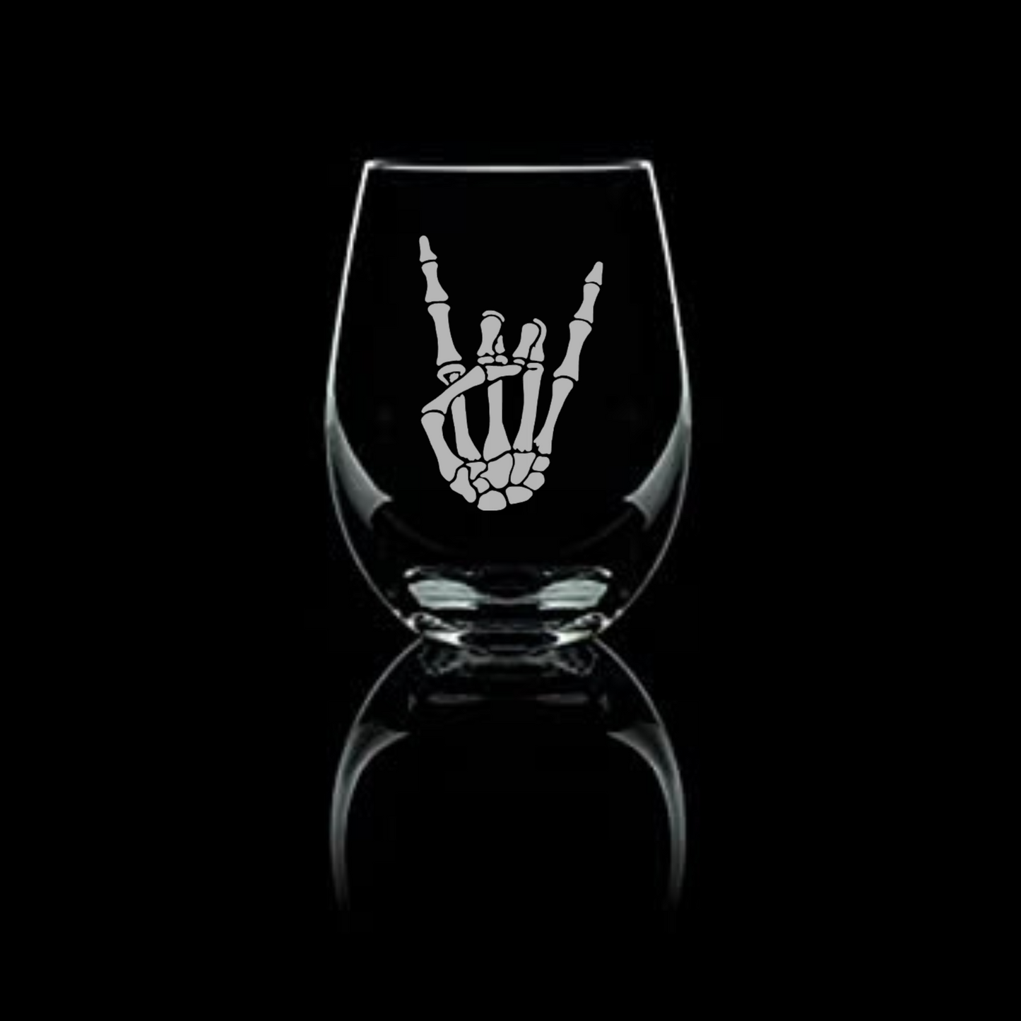 Rock On Horns down Skeleton Hand Etched Stemless Wine Glass 20.5oz | Halloween Wine Glasses - Expressive DeZien