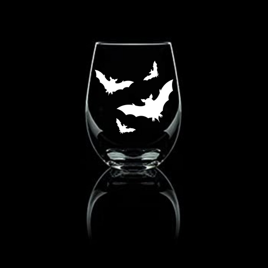 Halloween Bat! Bats! Bats! Etched Stemless Wine Glass 20.5oz | Halloween Wine Glasses - Expressive DeZien 