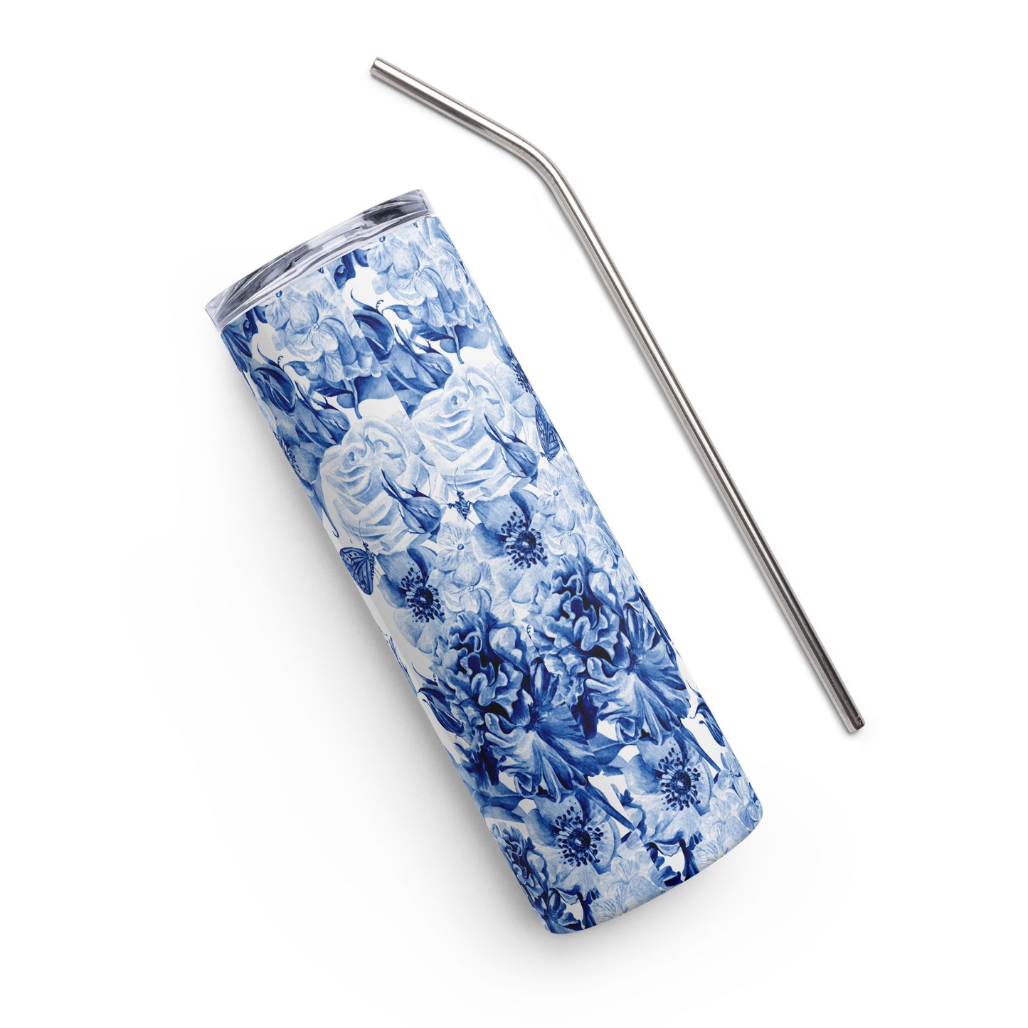 20oz Stainless Steel Skinny Tumbler Blue Watercolor Flowers - Expressive DeZien 