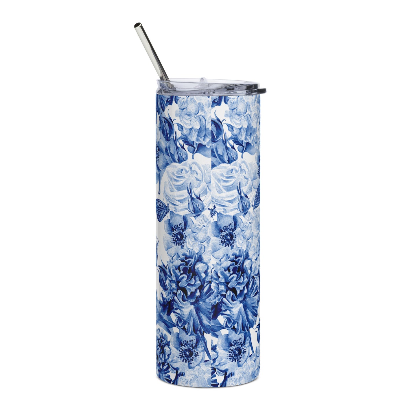 20oz Stainless Steel Skinny Tumbler Blue Watercolor Flowers - Expressive DeZien 