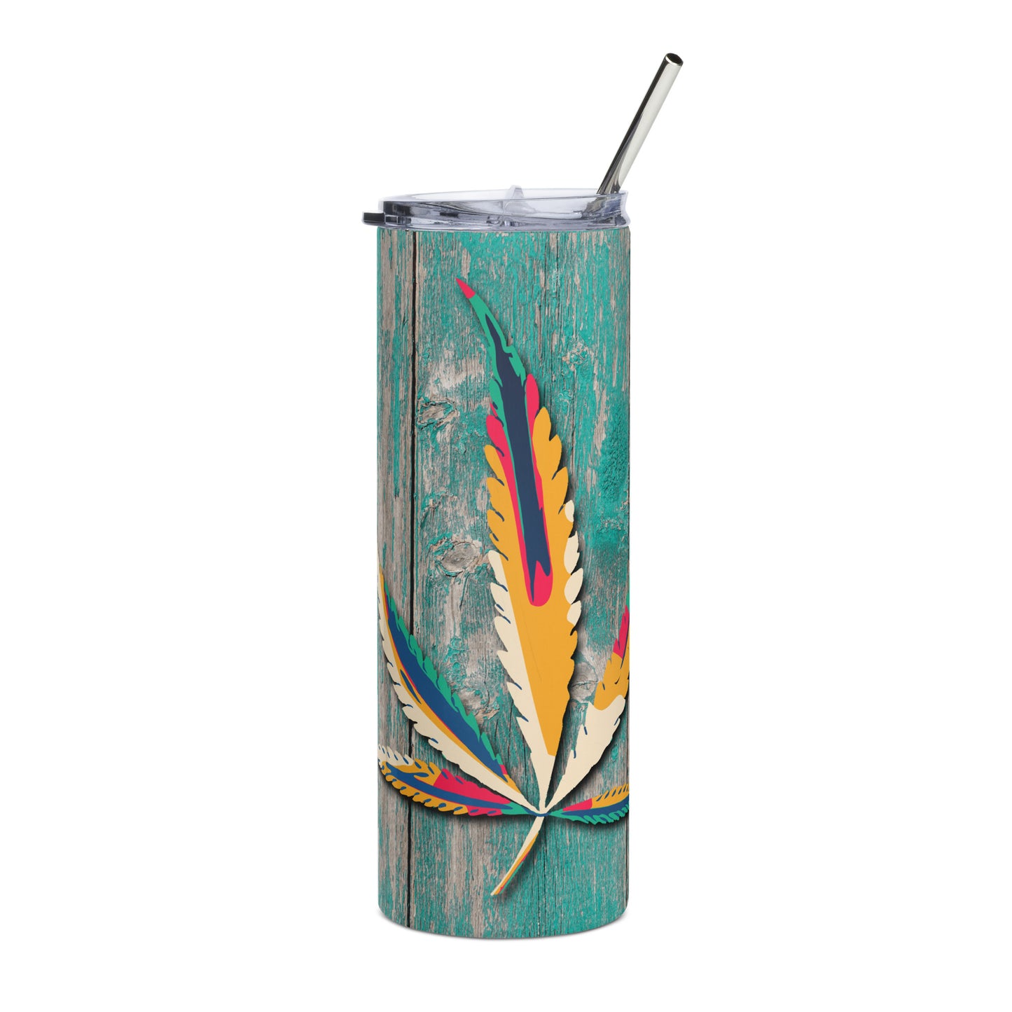 20oz Stainless Steel Skinny Tumbler Teal Weather Wood Cannabis Leaf - Expressive DeZien