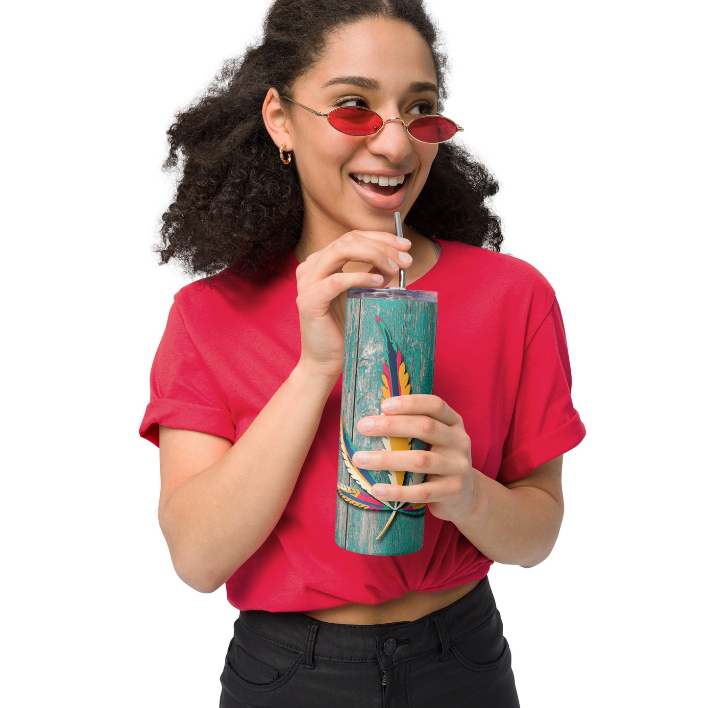 20oz Stainless Steel Skinny Tumbler Teal Weather Wood Cannabis Leaf - Expressive DeZien