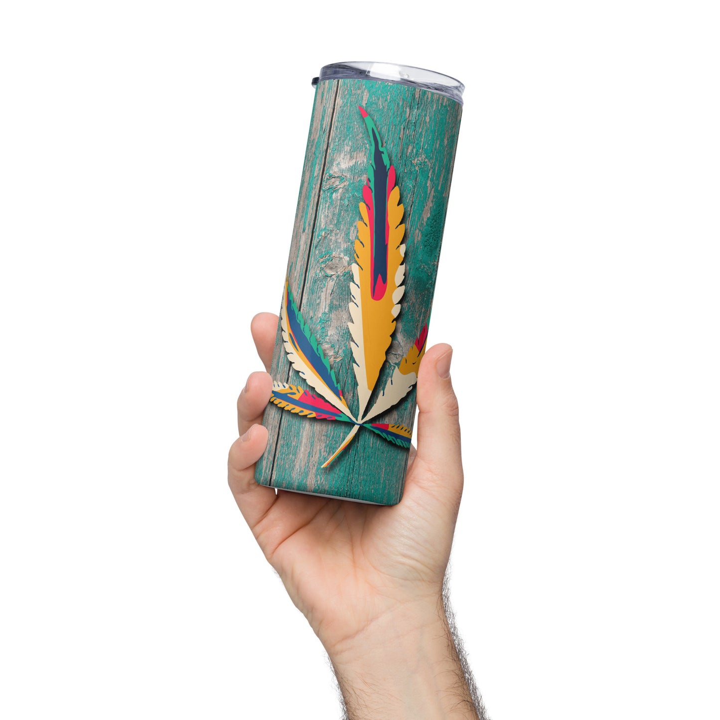 20oz Stainless Steel Skinny Tumbler Teal Weather Wood Cannabis Leaf - Expressive DeZien