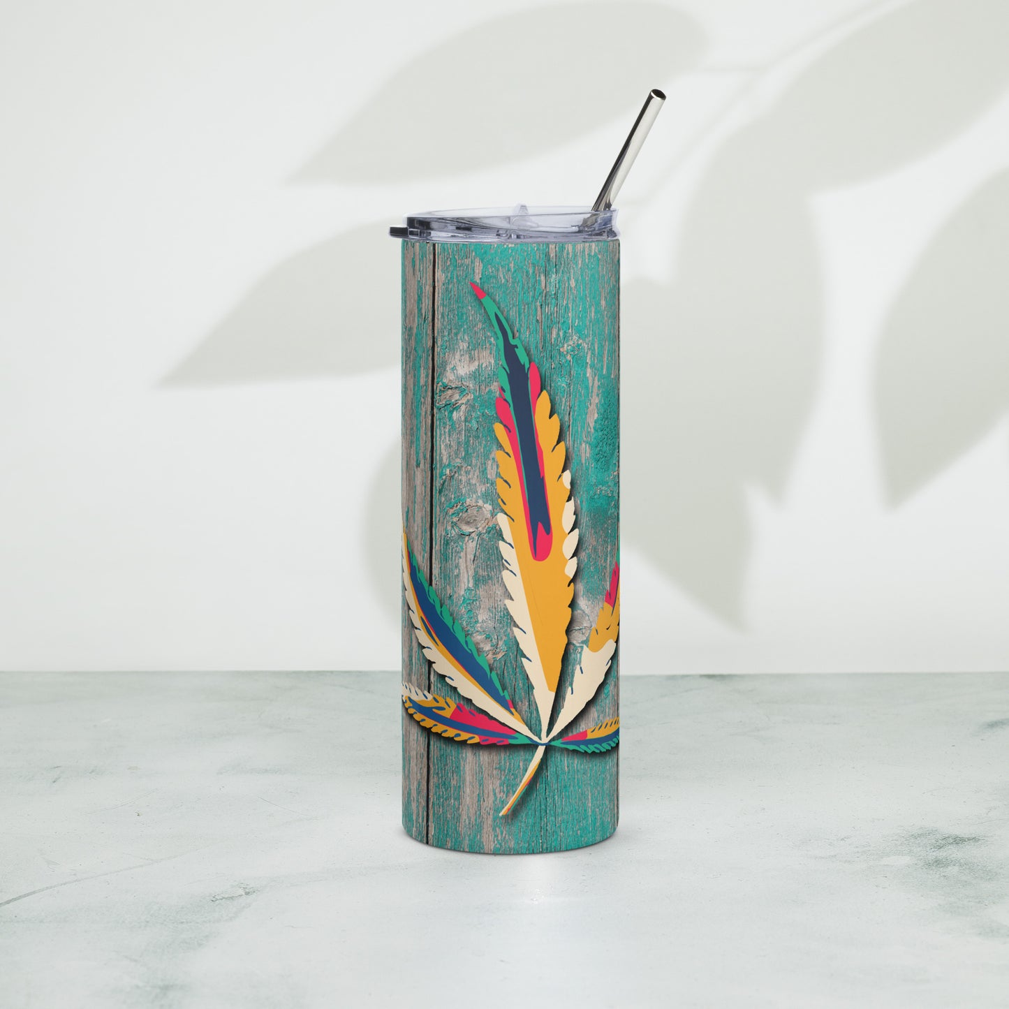 20oz Stainless Steel Skinny Tumbler Teal Weather Wood Cannabis Leaf - Expressive DeZien