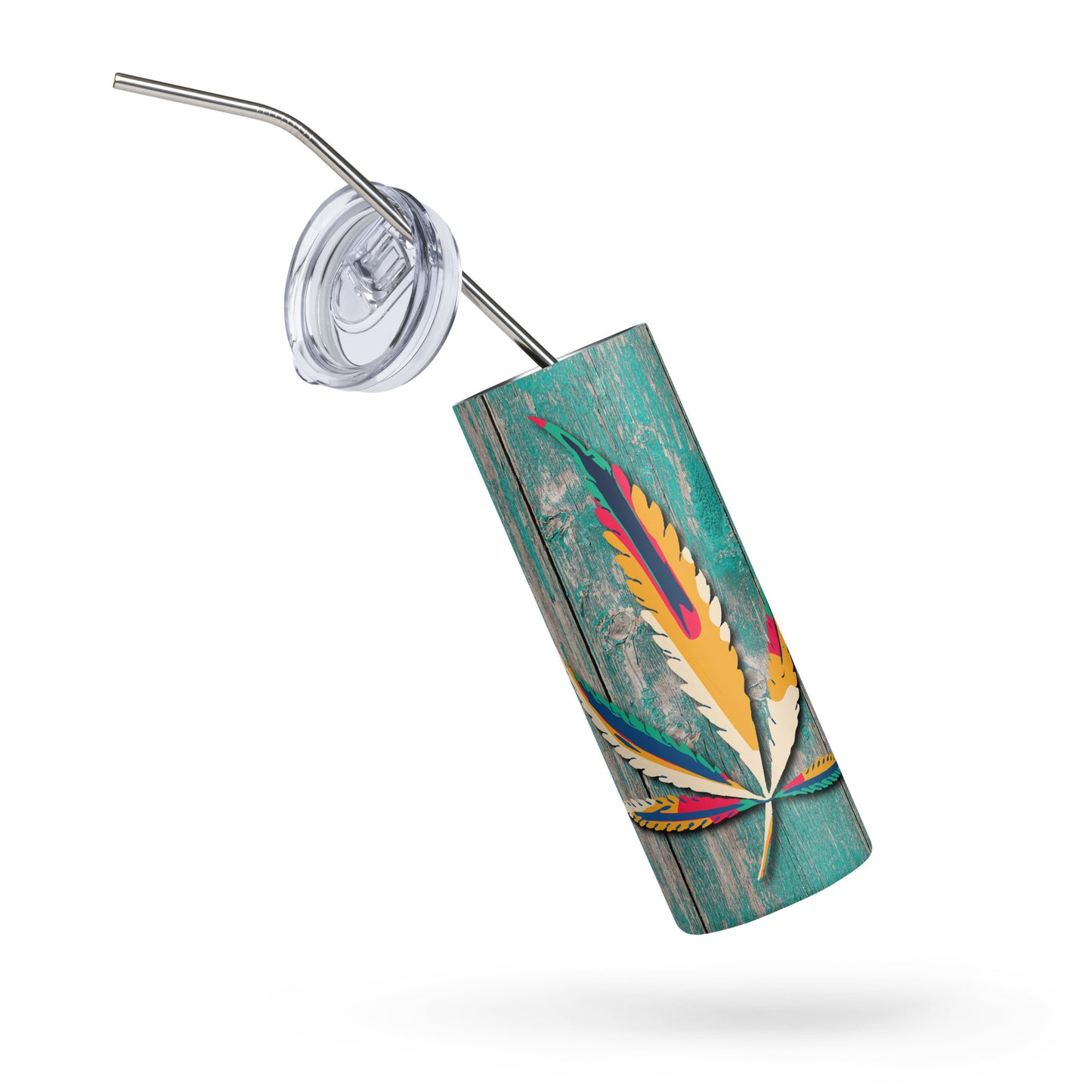20oz Stainless Steel Skinny Tumbler Teal Weather Wood Cannabis Leaf - Expressive DeZien