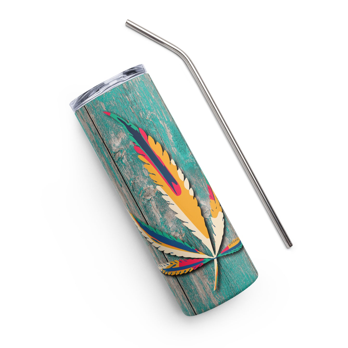 20oz Stainless Steel Skinny Tumbler Teal Weather Wood Cannabis Leaf - Expressive DeZien