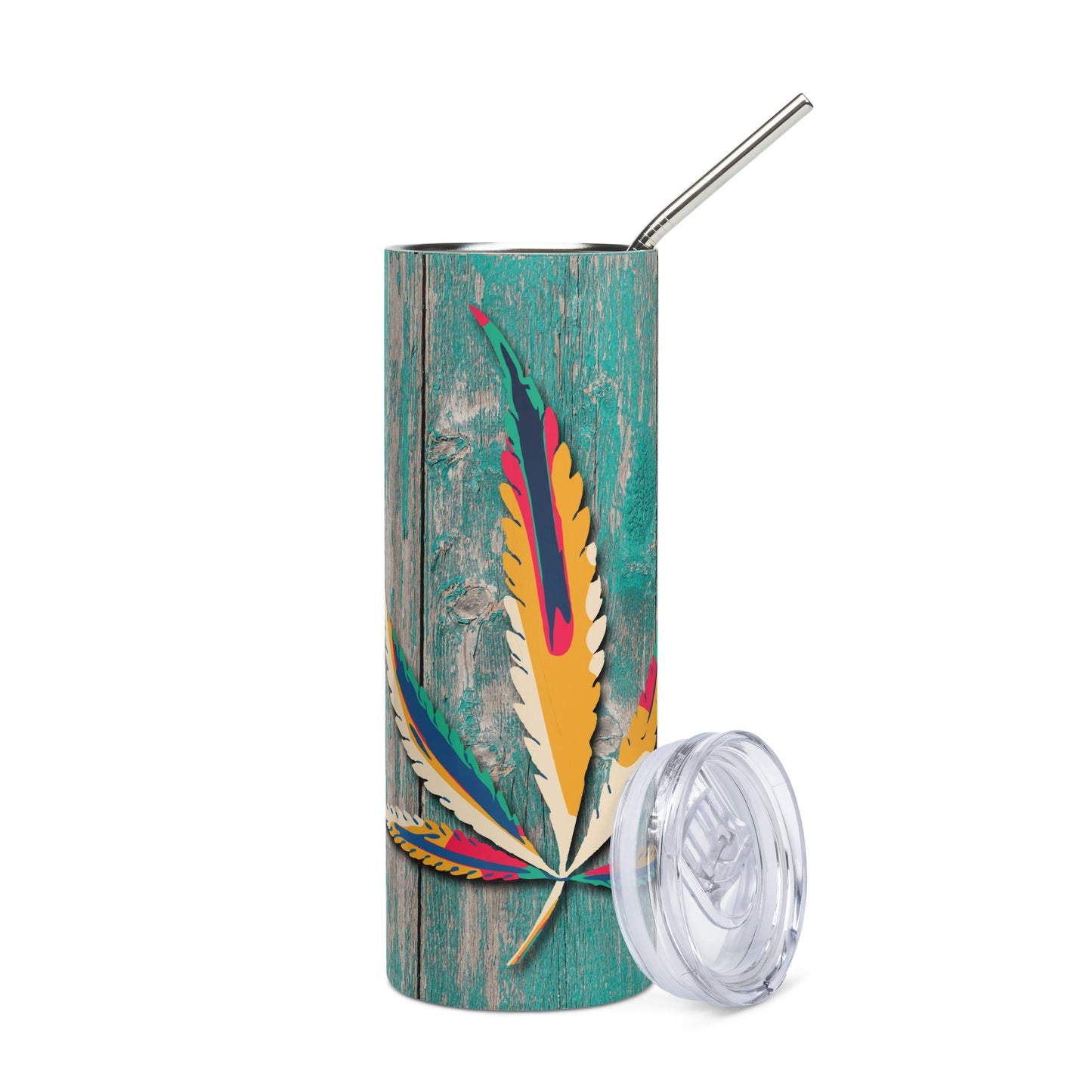 20oz Stainless Steel Skinny Tumbler Teal Weather Wood Cannabis Leaf - Expressive DeZien