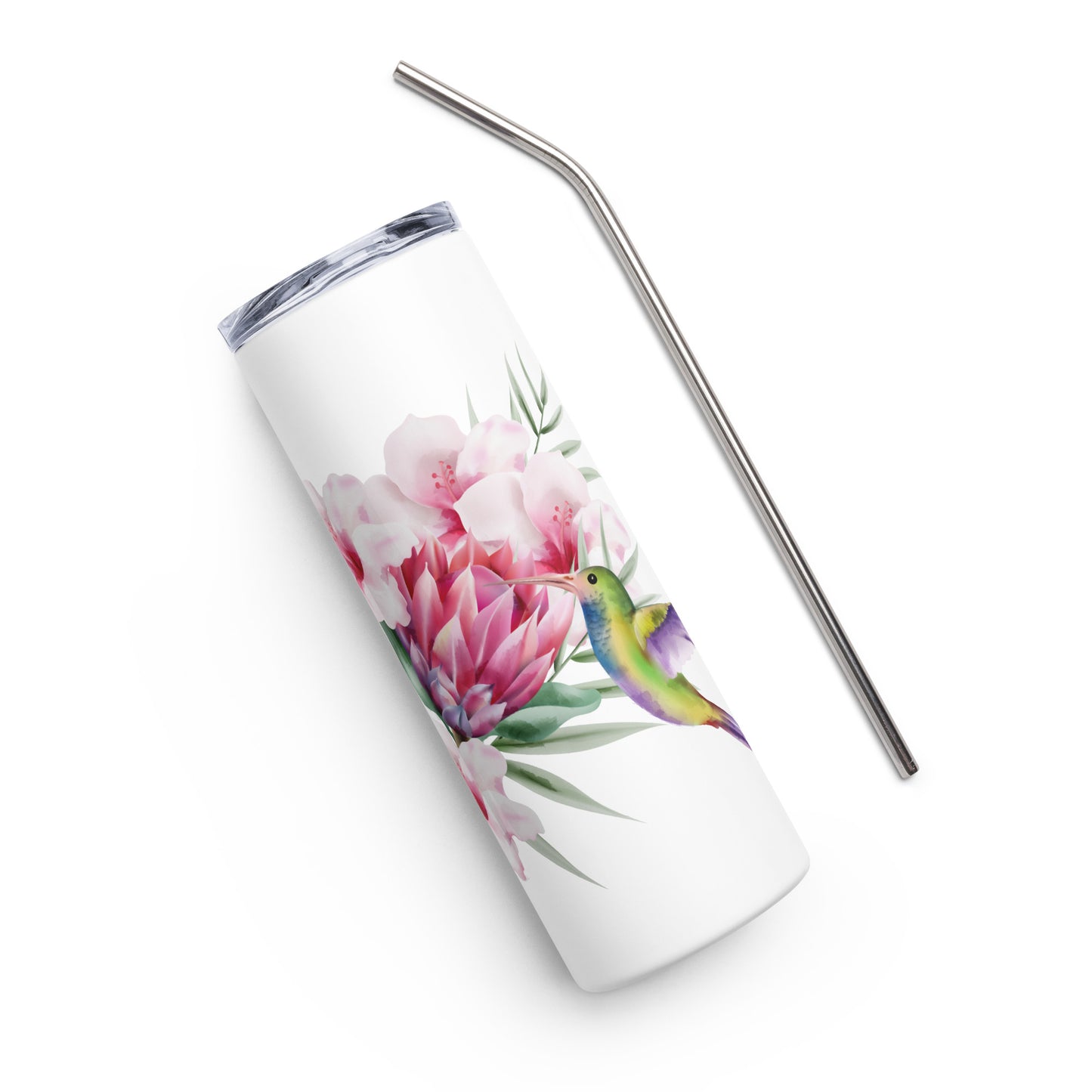 20oz Stainless Steel Skinny Tumbler Hummingbird and Protea Flower - Expressive DeZien